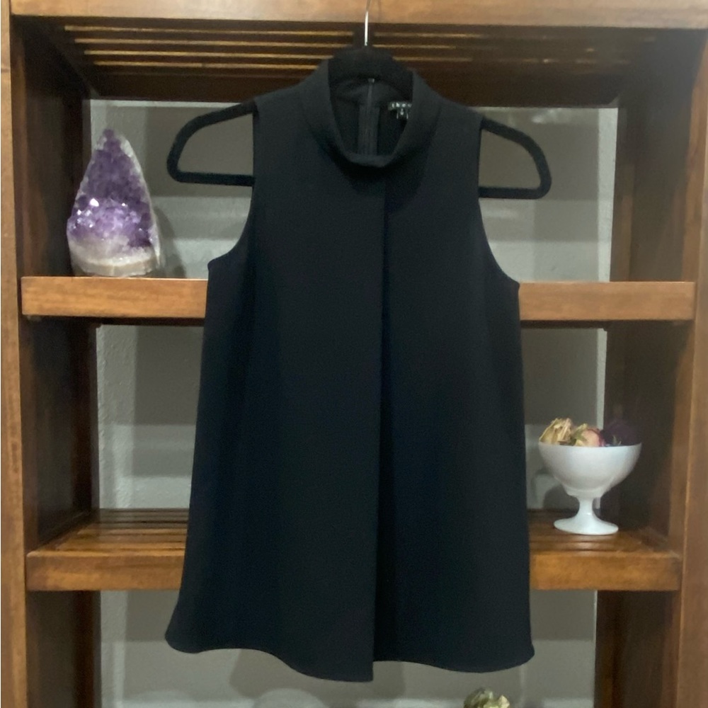 Theory Pleated Slit Dress High Neck Sleeveless Shell Blouse Top Black XS 0 P